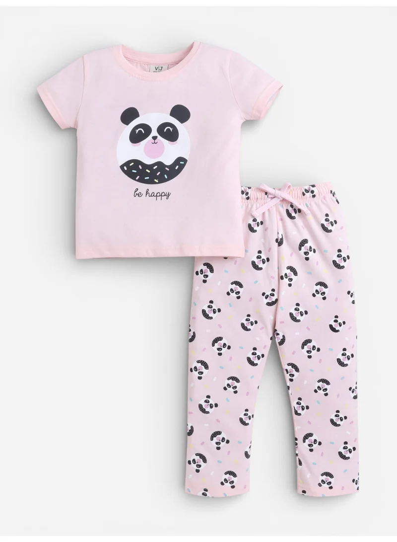فكتور اند جين Girls Panda Print Cotton Pajama Set – T-Shirt & Full Pants Nightwear